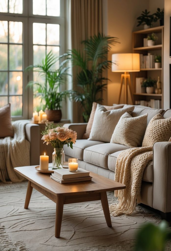 A cozy living room with a beige sofa, cushions, and blankets, a wooden coffee table with flowers and candles, a floor lamp, bookshelves, and large windows letting in natural light.