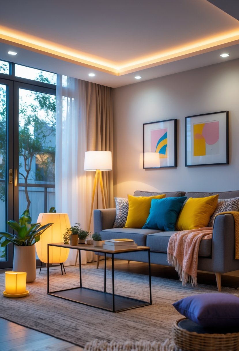 A well-lit living room with a sofa, floor lamp, coffee table, indoor plants, and decorative items.