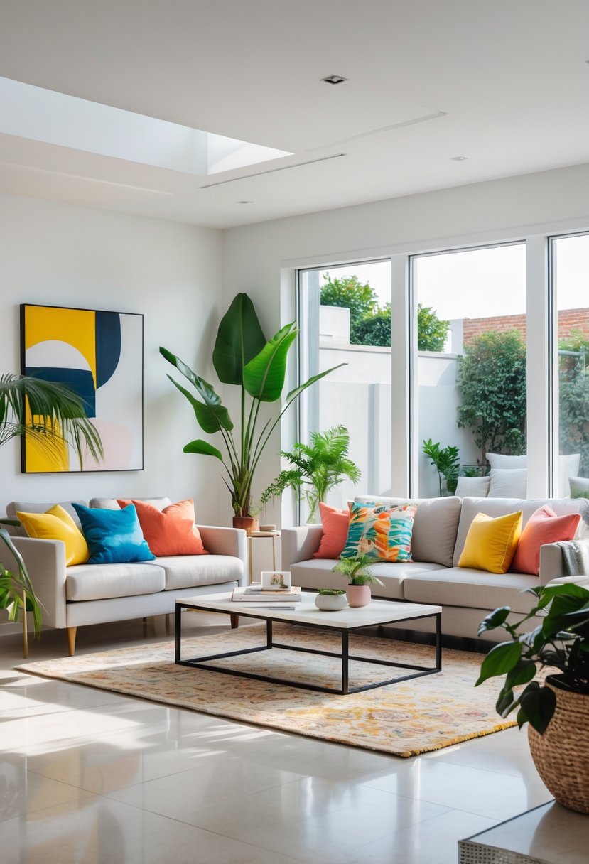 A modern living room with a sofa, coffee table, plants, artwork, and a large window letting in natural light.
