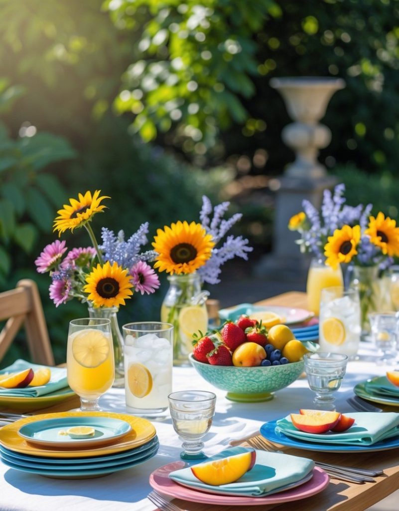 A sunlit outdoor table set with colorful plates, glasses of lemonade, fresh fruit, and vases of sunflowers and lavender, surrounded by greenery.