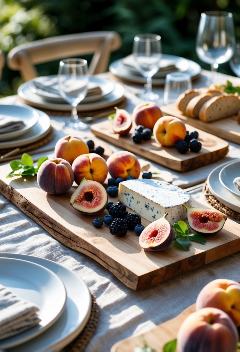 A summer table outdoors with wooden serving boards holding fresh fruits, cheeses, and bread, surrounded by plates and glasses.