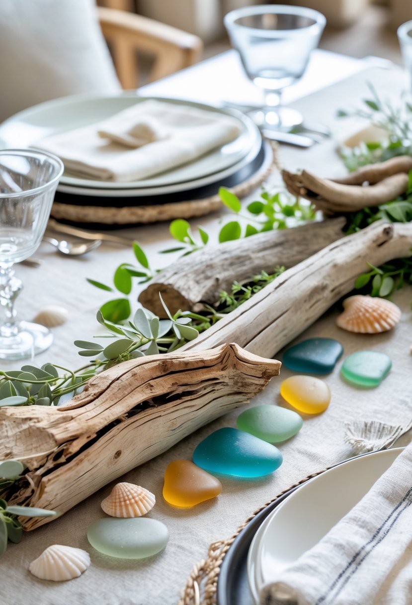 A coastal table decorated with driftwood, sea glass, seashells, and greenery arranged as a centerpiece on a set table.