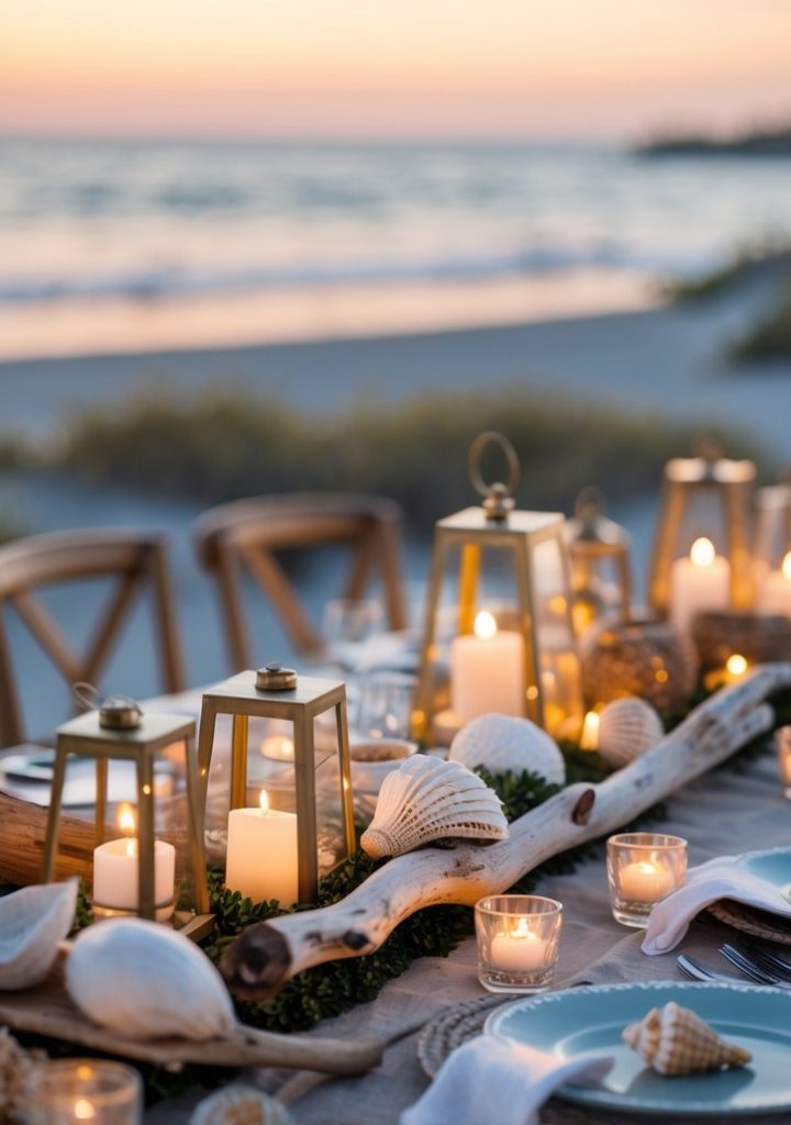 A decorated table with candles, lanterns, shells, and wooden accents is set for dinner on a beach at sunset.