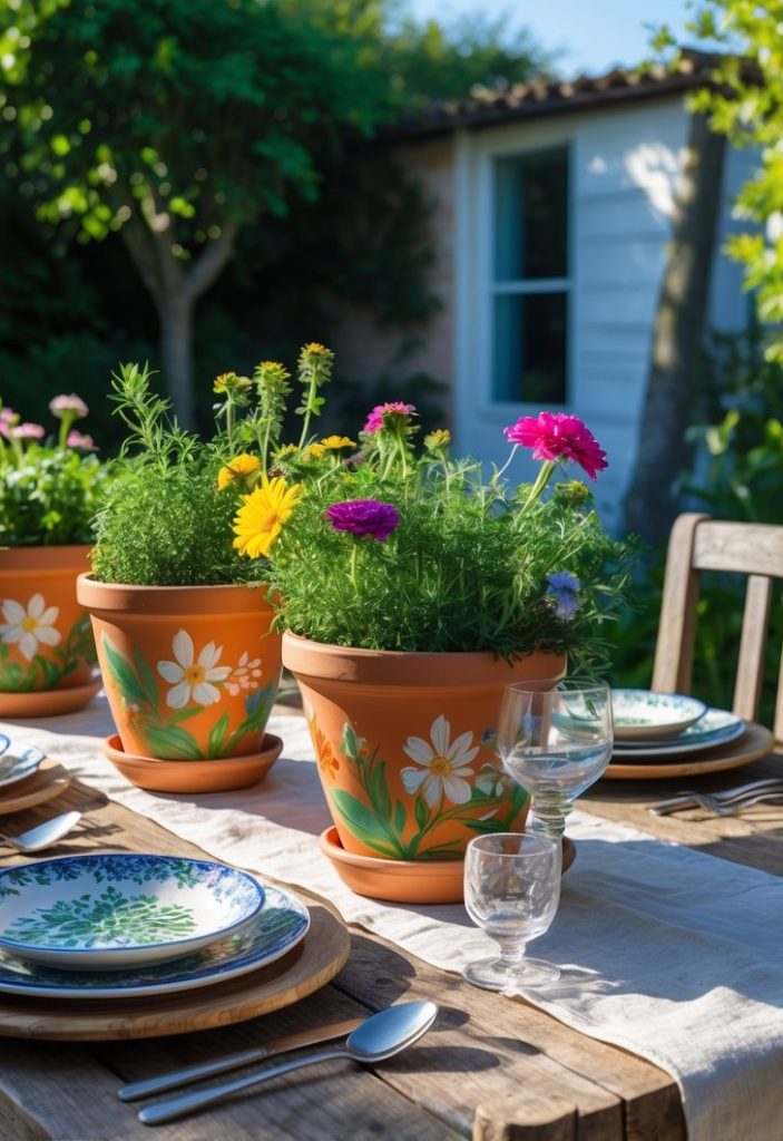 A wooden outdoor table set with plates and glasses, decorated with three flower pots containing colorful blooming flowers, in a sunny garden setting.