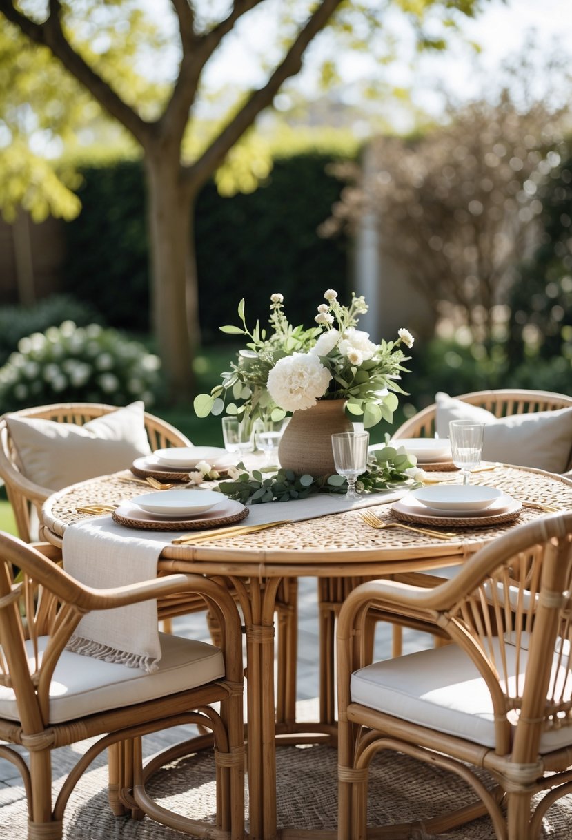A round rattan table set outdoors with plates, glassware, cutlery, and a floral centerpiece surrounded by rattan chairs.