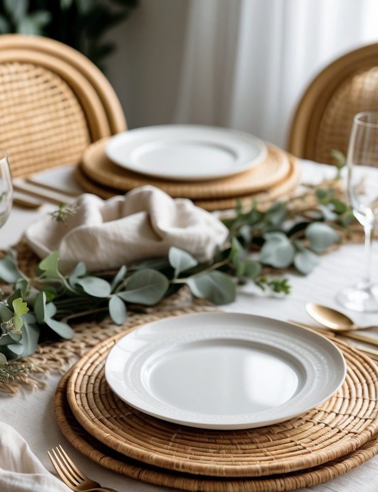 A dining table set with woven placemats, white plates, gold cutlery, linen napkins, clear glasses, and a greenery centerpiece.