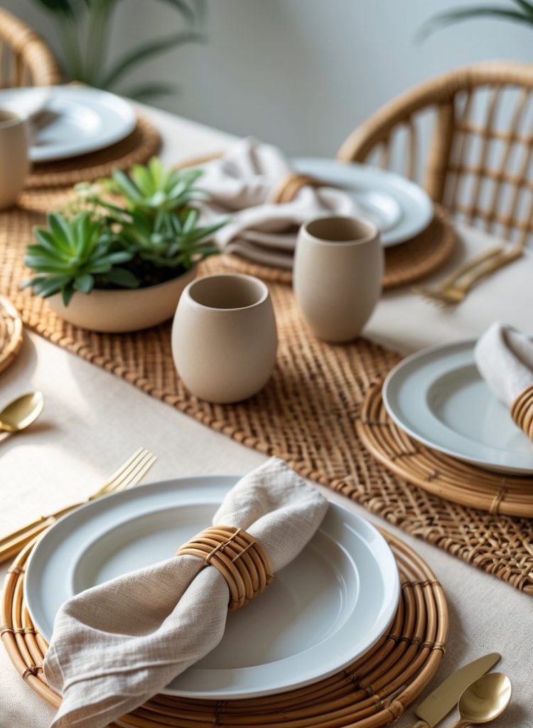 A dining table set with white plates, beige napkins in wicker rings, gold cutlery, ceramic cups, and a centerpiece of green succulents on a woven placemat.