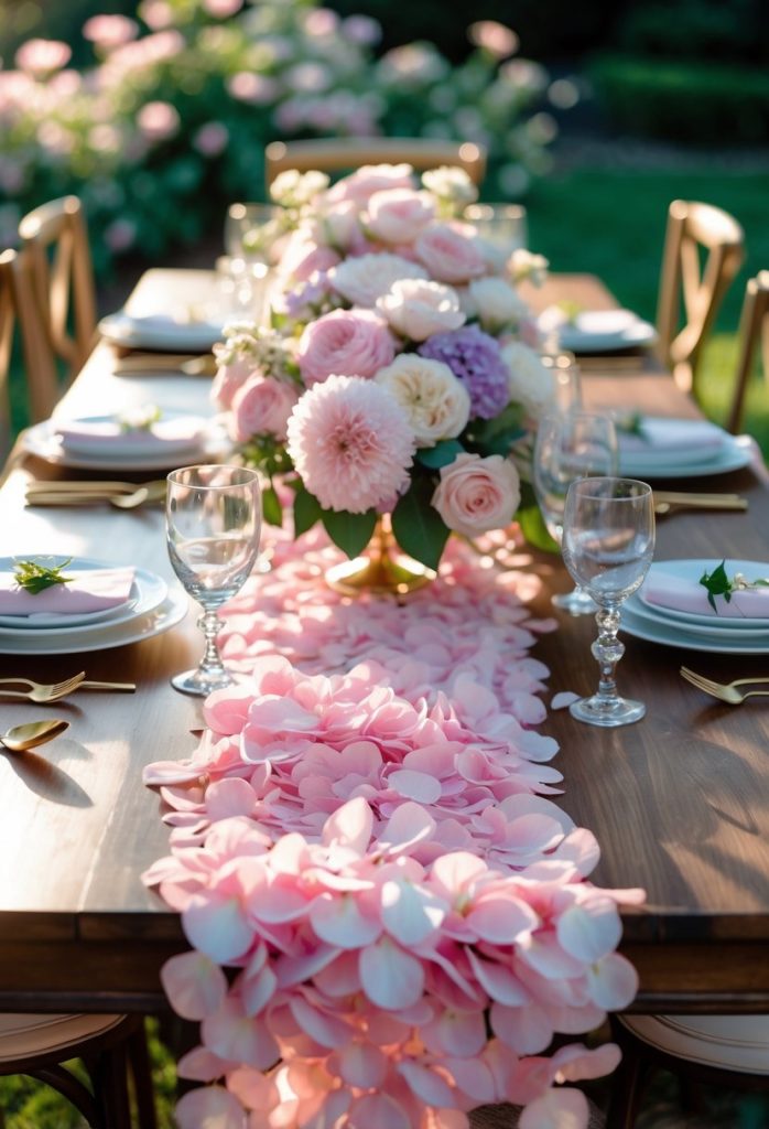 A wooden table set for a formal outdoor event features glassware, white plates, gold cutlery, and a centerpiece of pink flowers with a pink petal table runner.