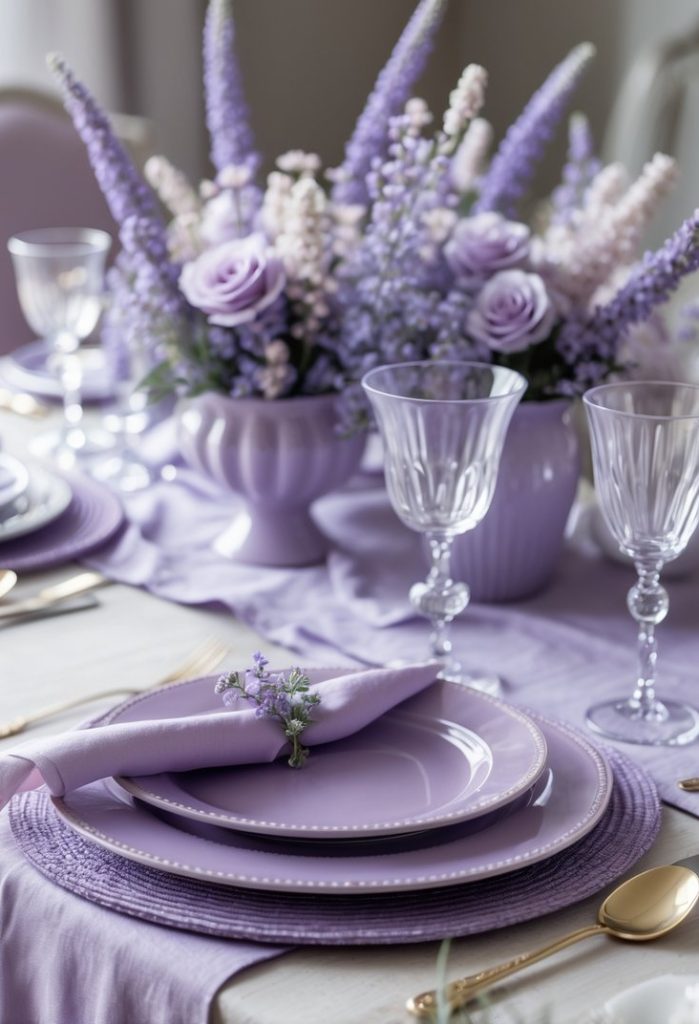 A dining table set with lavender plates, gold cutlery, and clear glasses, featuring a centerpiece of purple and lavender flowers and a lavender tablecloth.