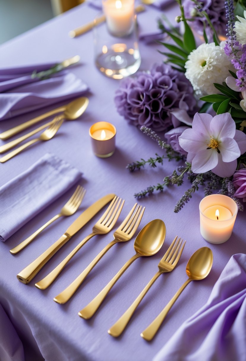 A table set with gold cutlery on a lavender tablecloth, decorated with flowers and candles.