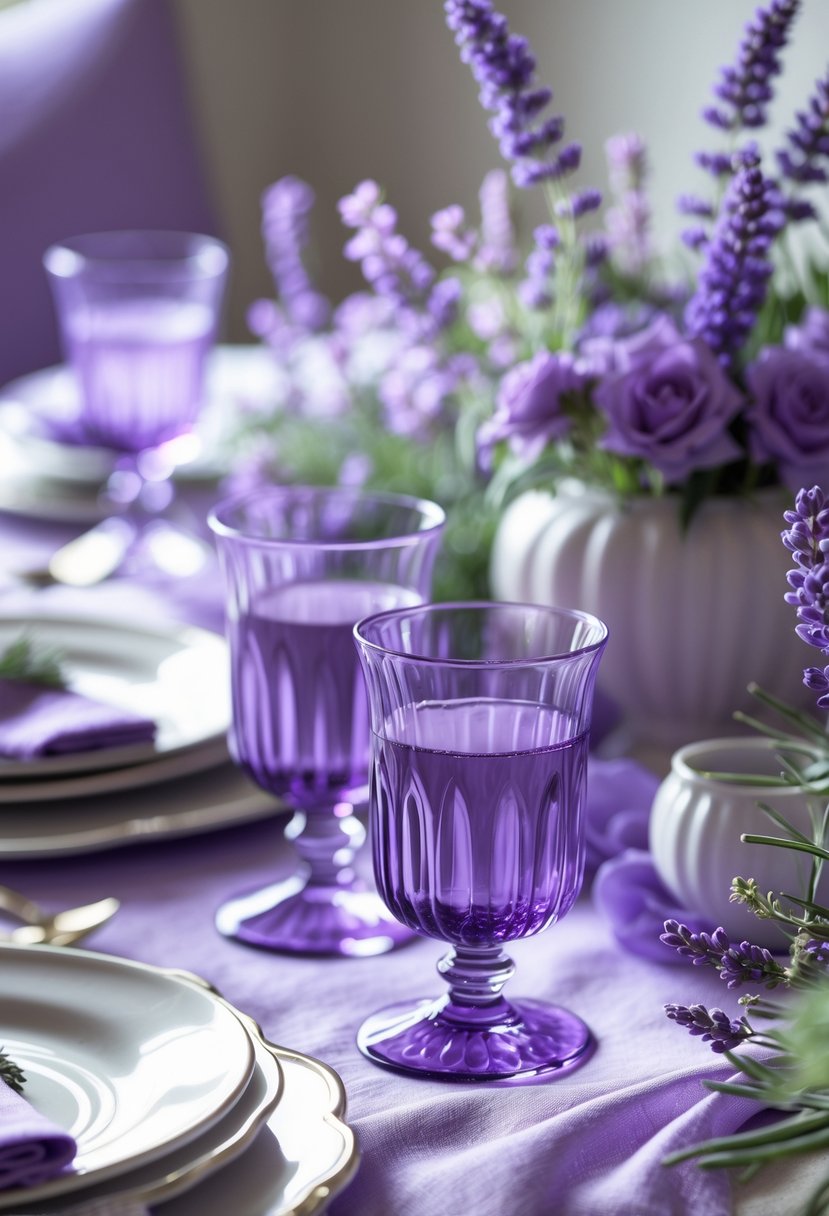 A table set with purple-tinted glasses on a lavender tablecloth, decorated with purple flowers and elegant tableware.