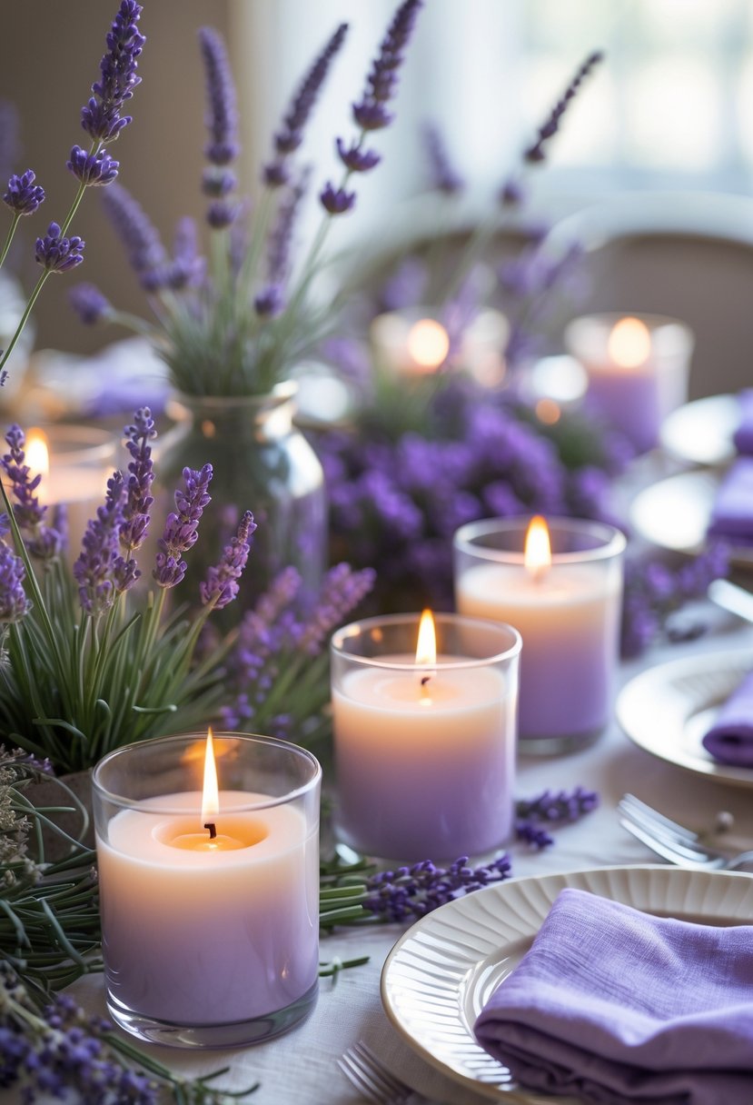 A table set with lit lavender-scented candles and fresh lavender flowers creating a calming ambiance.