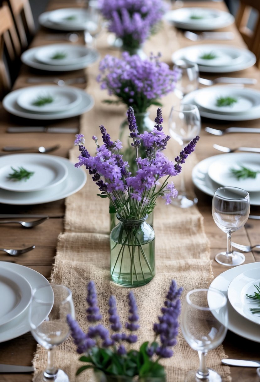 A dining table set with burlap runners and lavender flowers in glass vases, surrounded by plates, cutlery, and glasses.
