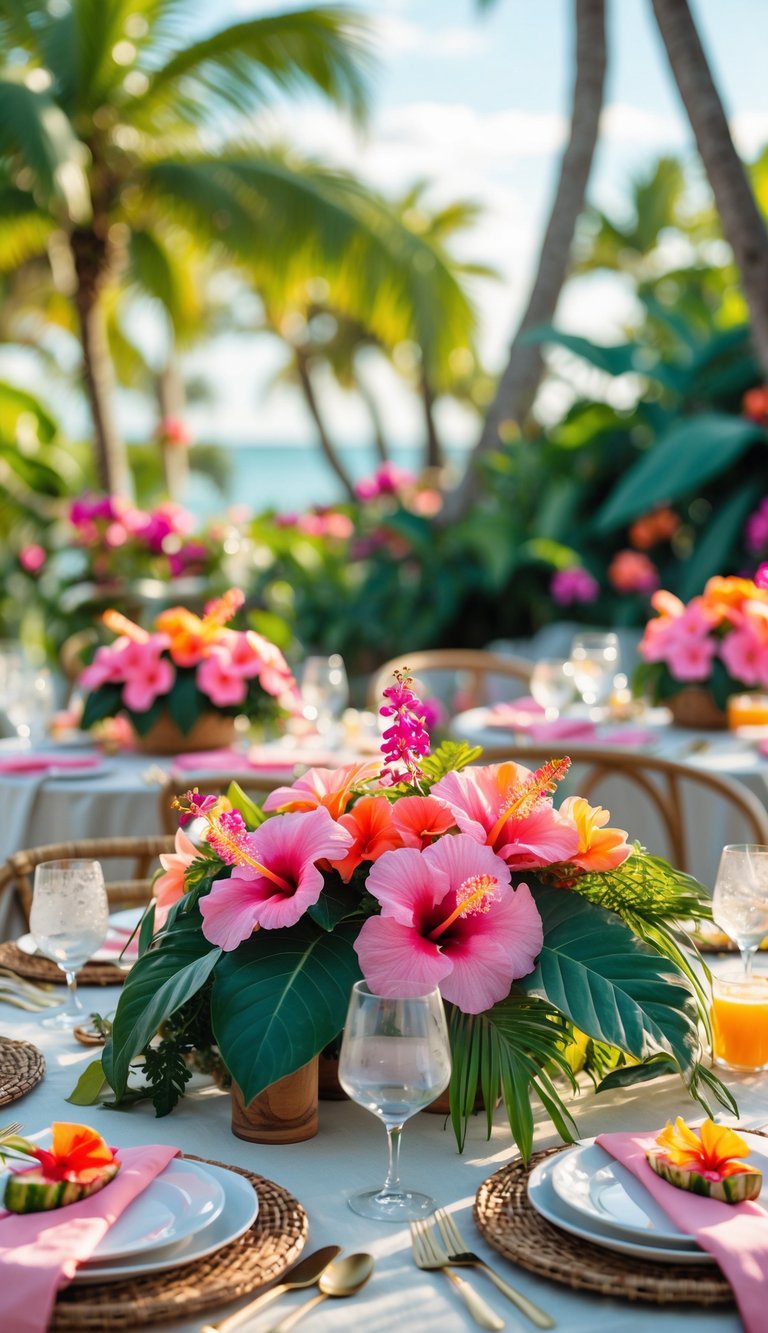 A tropical outdoor table decorated with bright pink hibiscus flowers and lush green leaves surrounded by tableware and glassware.