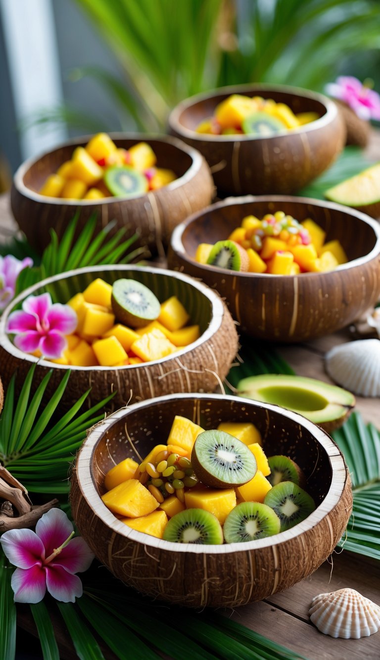 A wooden table set with coconut shell bowls filled with tropical fruits, surrounded by green palm leaves and colorful flowers.
