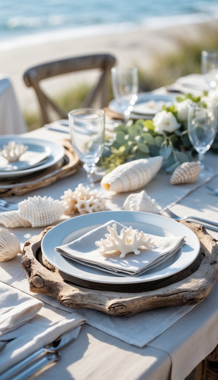 A coastal table set outdoors with driftwood charger plates, white dishes, glassware, seashells, and greenery, with the ocean blurred in the background.