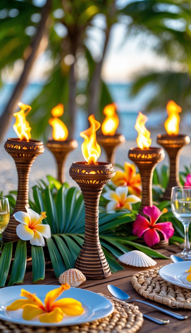 A tropical outdoor table decorated with lit tiki torch tea light holders, surrounded by palm leaves and colorful flowers.