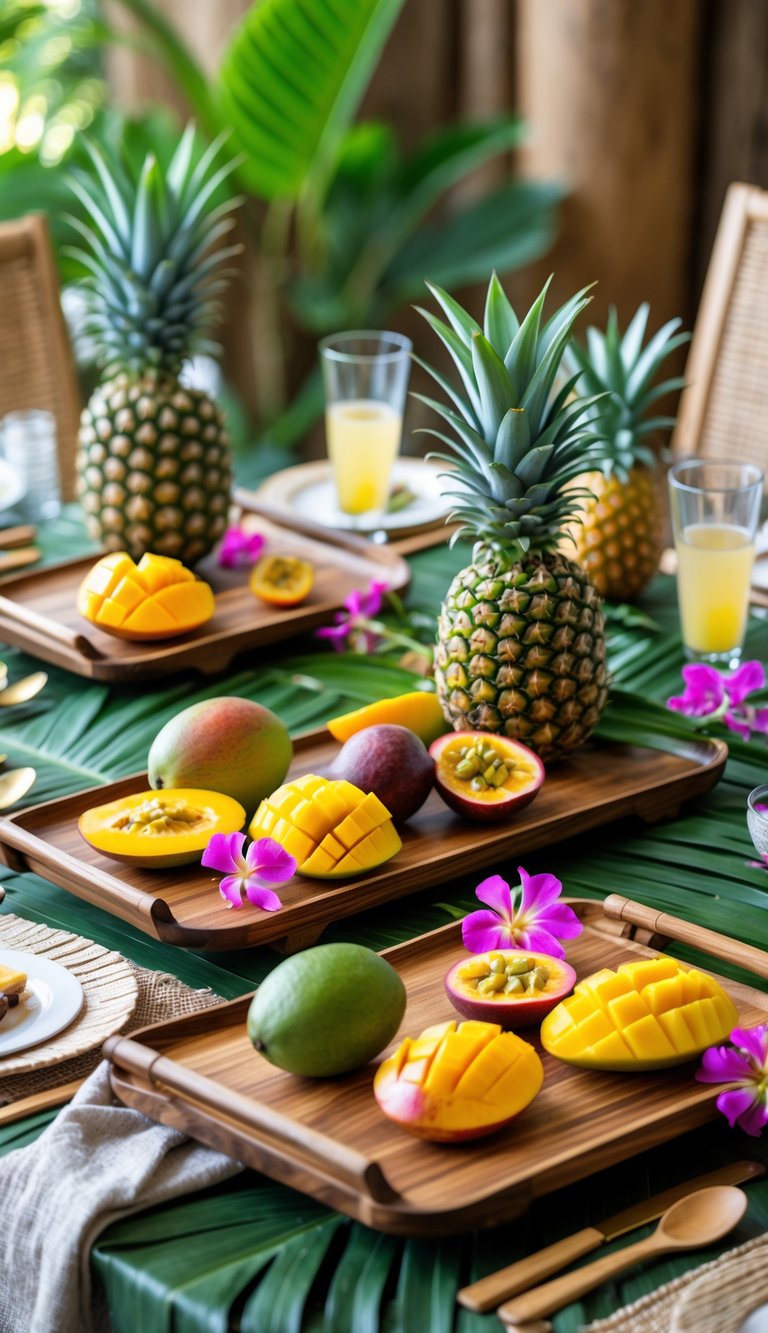 A tropical table setting with mango wood serving trays holding fresh fruits and surrounded by tropical flowers and palm leaves.