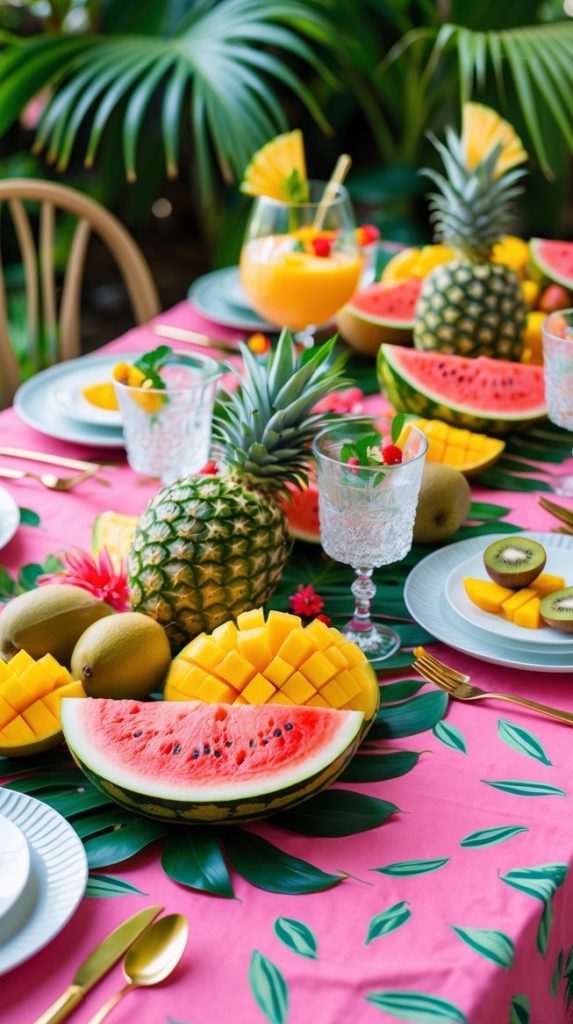 A table set outdoors with plates of sliced watermelon, mango, kiwi, pineapples, and glasses of orange juice on a pink leaf-patterned tablecloth.