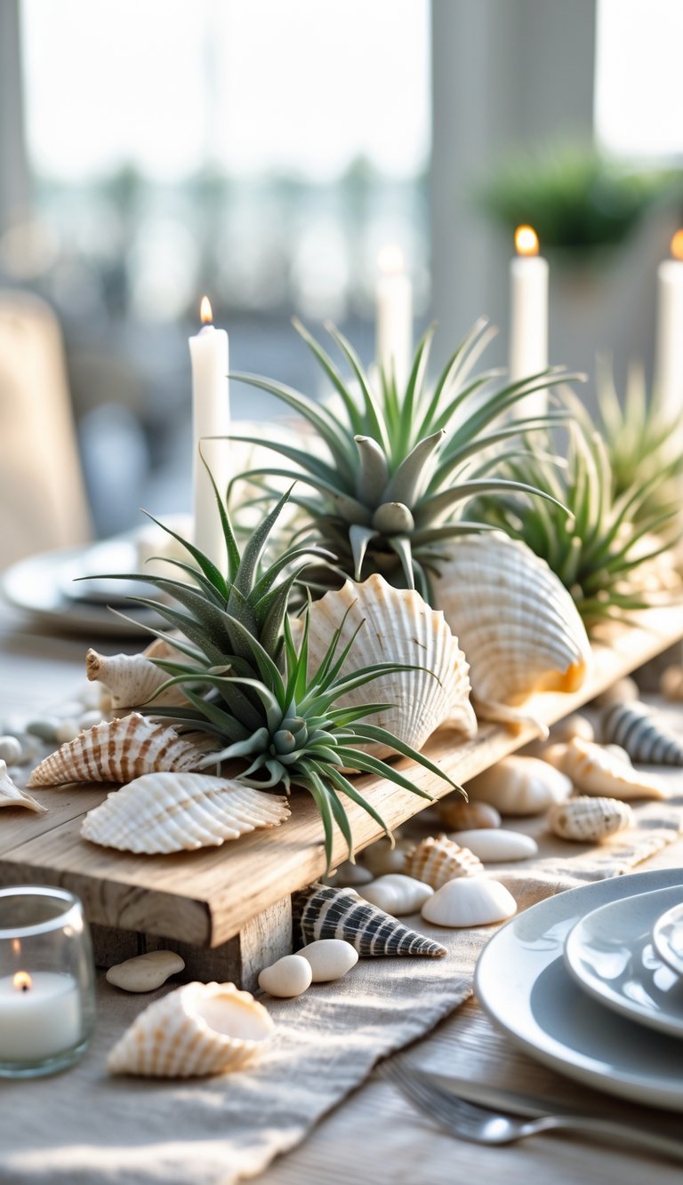 A coastal table centerpiece featuring air plants and seashells arranged on a wooden table with soft natural lighting.