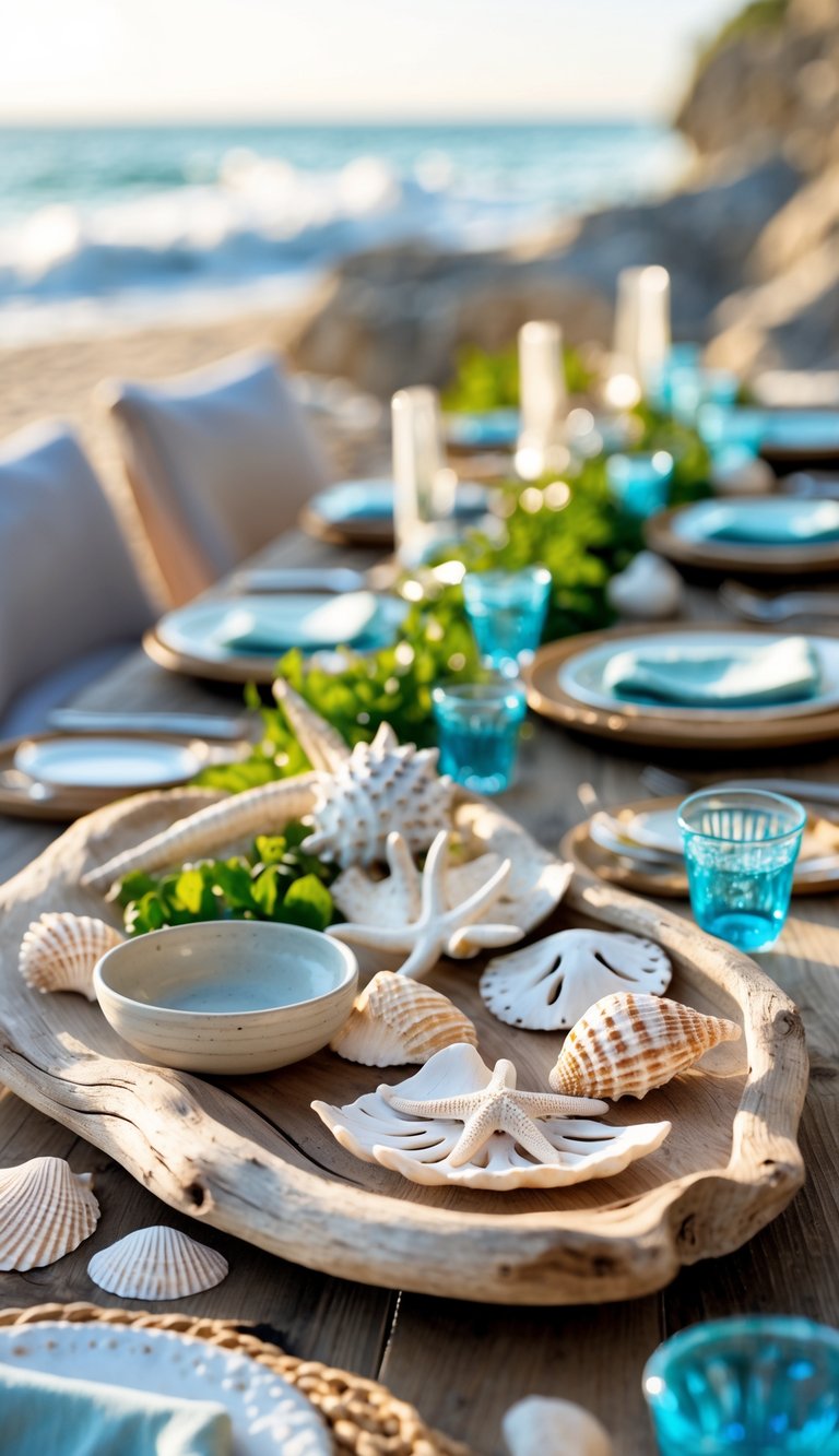 A coastal tablescape with driftwood serving trays, seashells, and beach-themed tableware arranged on a wooden table near the ocean.