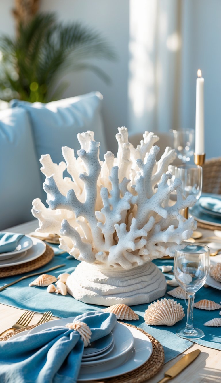 A white coral sculpture centerpiece on a coastal dining table decorated with seashells and blue and beige linens.