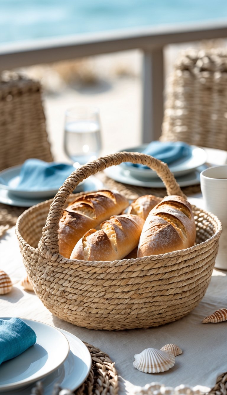 A woven sea grass basket filled with bread on a coastal-themed table with beach-inspired decorations.