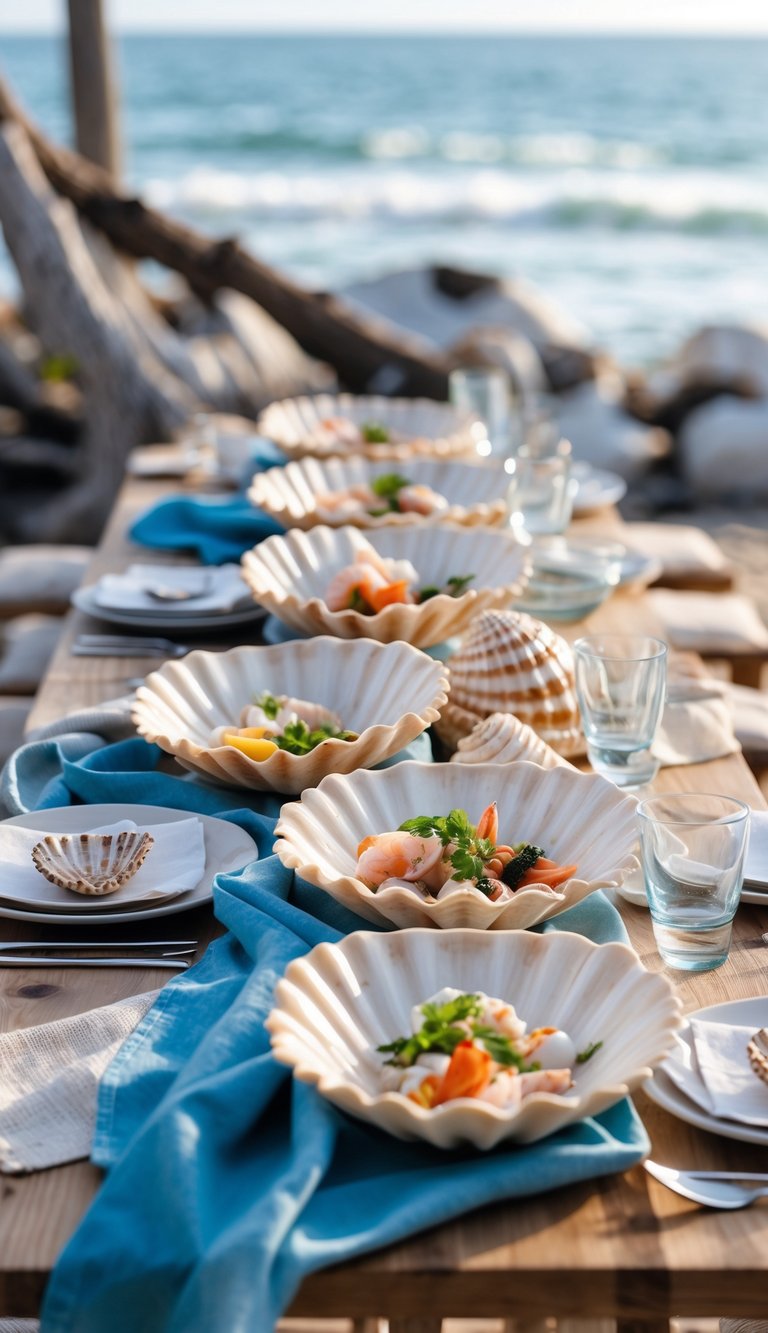 A coastal dining table set outdoors with shell-shaped serving bowls filled with seafood and appetizers, surrounded by seashells and beach-themed decor.