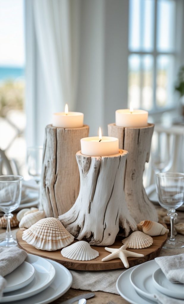 Three lit candles sit on driftwood centerpieces surrounded by seashells and starfish, arranged on a dining table set with white dishes and glassware in a bright coastal room.