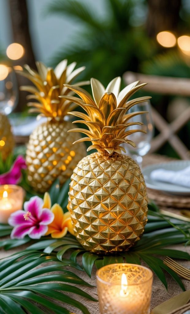 A gold decorative pineapple centerpiece on a tropical-themed table with candles, flowers, and green leaves.
