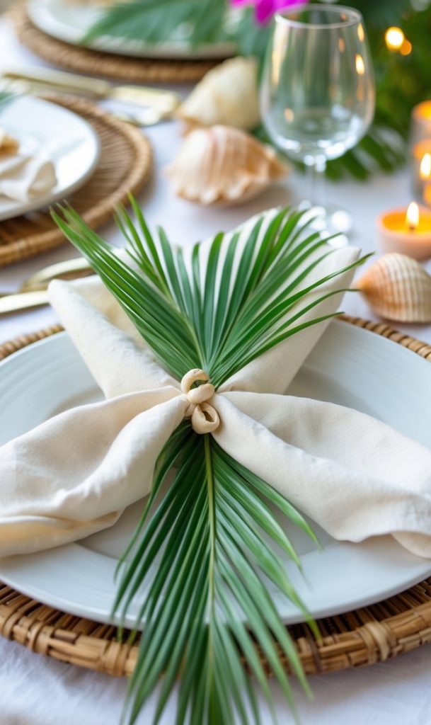 A table setting with a white plate, beige napkin, green palm leaf, and wooden napkin ring, placed on a woven placemat, with shells, a wine glass, and candles in the background.