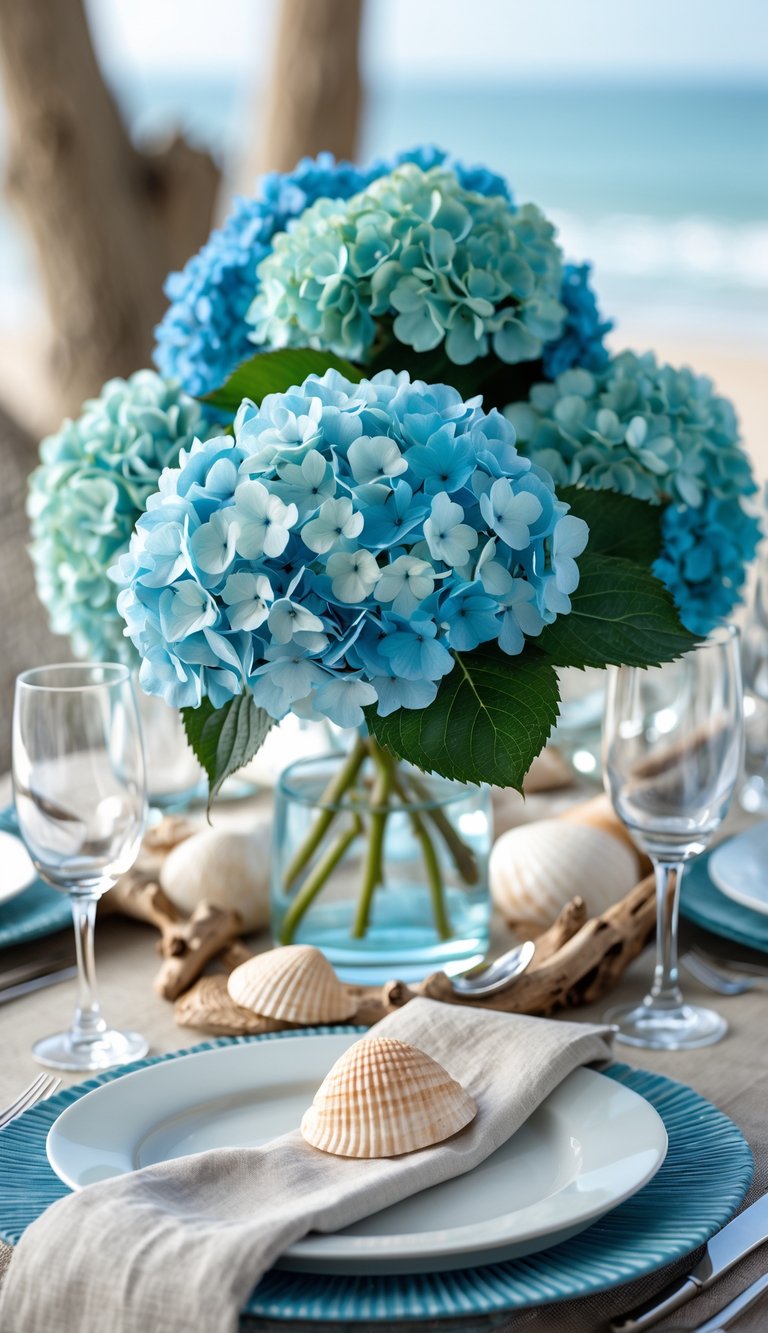 A dining table set with a blue hydrangea centerpiece, surrounded by tableware and coastal decorative elements.