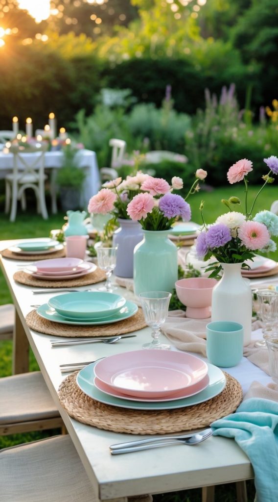 A garden table is set with pastel-colored plates, cups, and vases of flowers, with another table and greenery visible in the background at sunset.