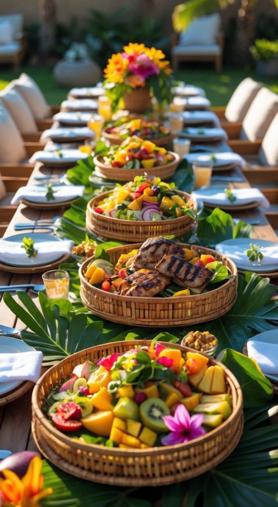A long outdoor dining table is set with baskets of assorted fresh fruit, grilled food, and flowers, surrounded by chairs and palm trees in the background.