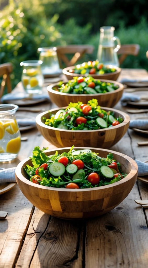 A row of wooden bowls of salad on a table.