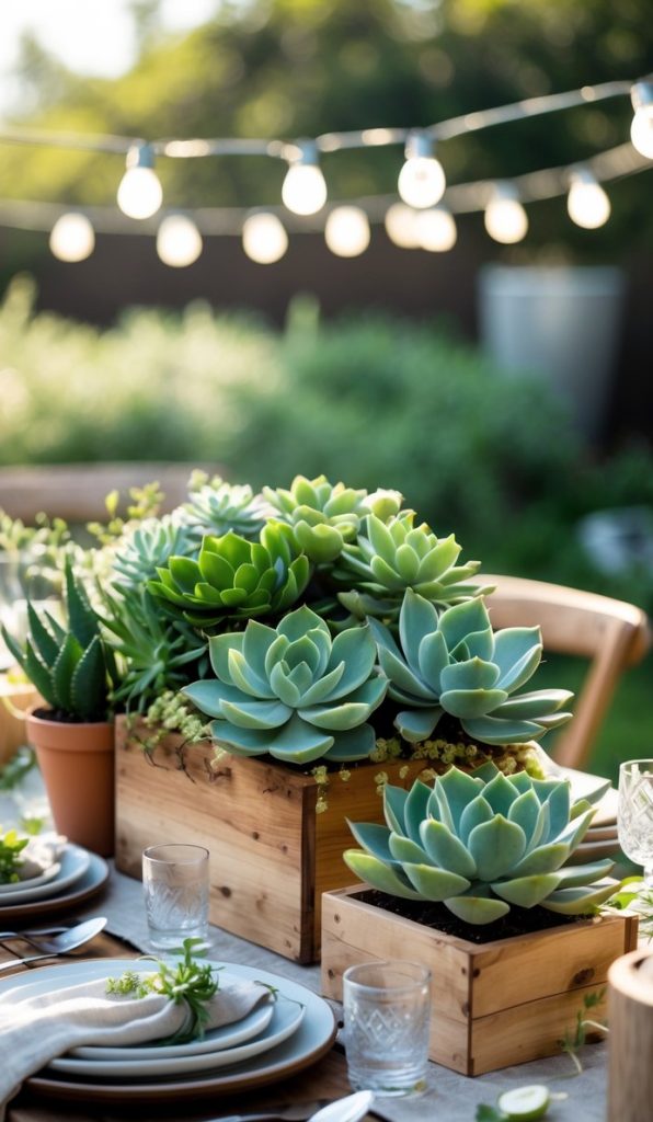 A wooden outdoor table set with plates, glasses, and napkins, decorated with potted succulents and string lights in the background.
