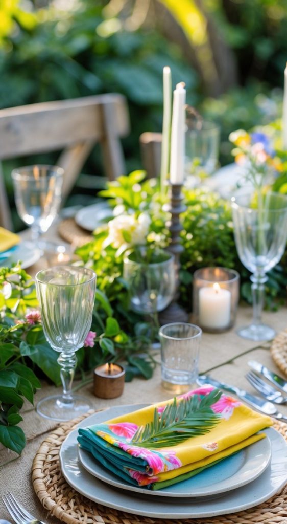 A decorated outdoor dining table with woven placemats, layered plates, colorful napkins, glassware, candles, and green foliage centerpiece.