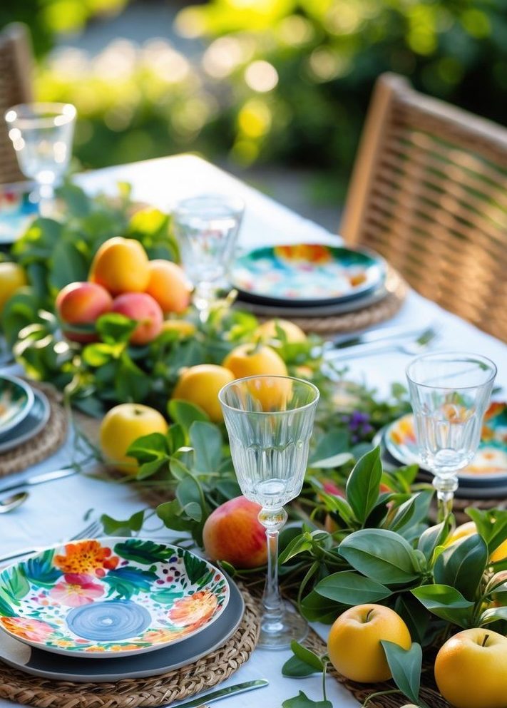 A table set outdoors with colorful plates, woven placemats, clear glassware, and centerpieces of green leaves and assorted yellow and red fruits.