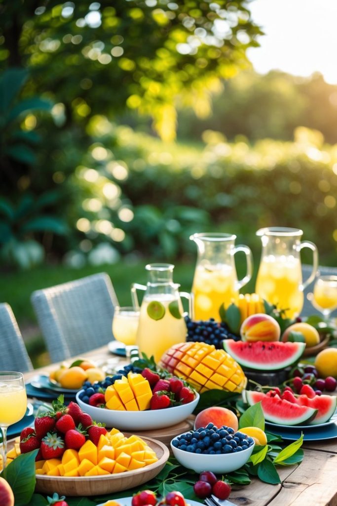 A wooden outdoor table set with pitchers of lemonade and plates of assorted fresh fruits, including mangoes, strawberries, blueberries, watermelon, cherries, and peaches.