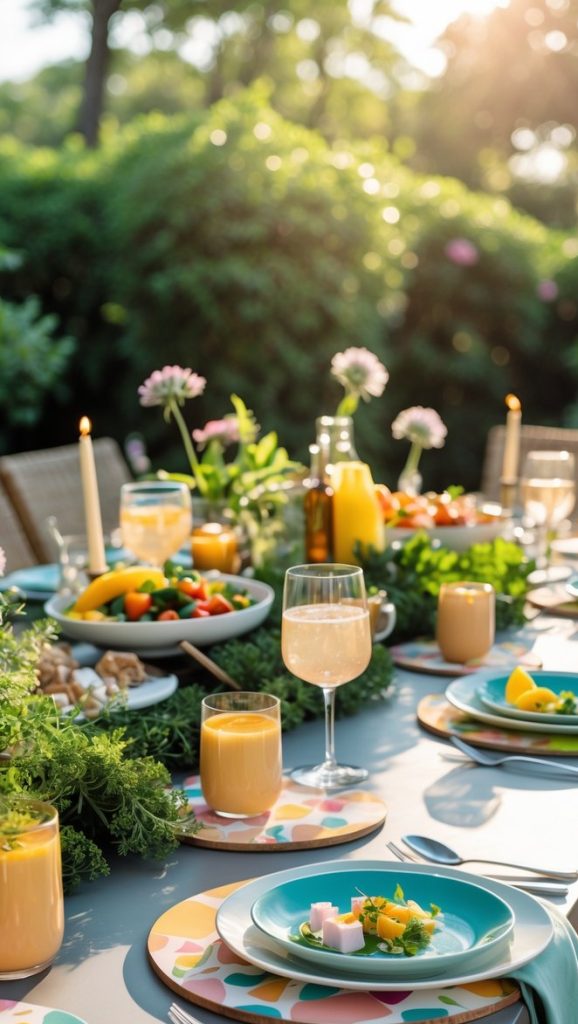 A neatly set outdoor table features colorful plates, glasses of juice, salads, candles, and flowers, with greenery and sunlight in the background.
