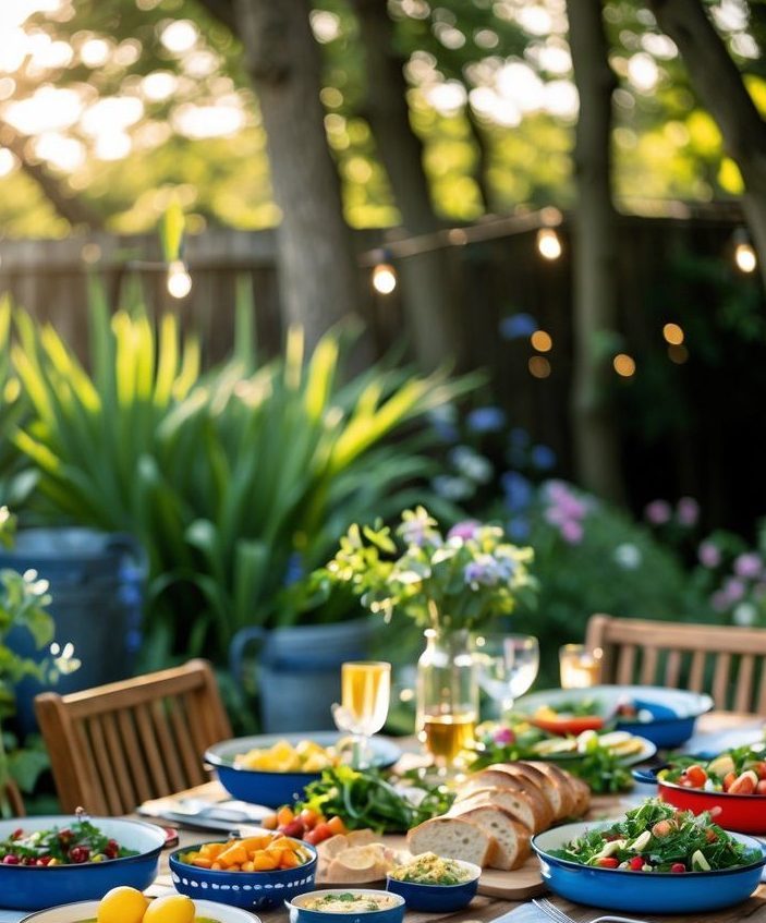 A wooden outdoor table set with plates of salads, bread, and drinks, surrounded by chairs in a garden with greenery and string lights in the background.