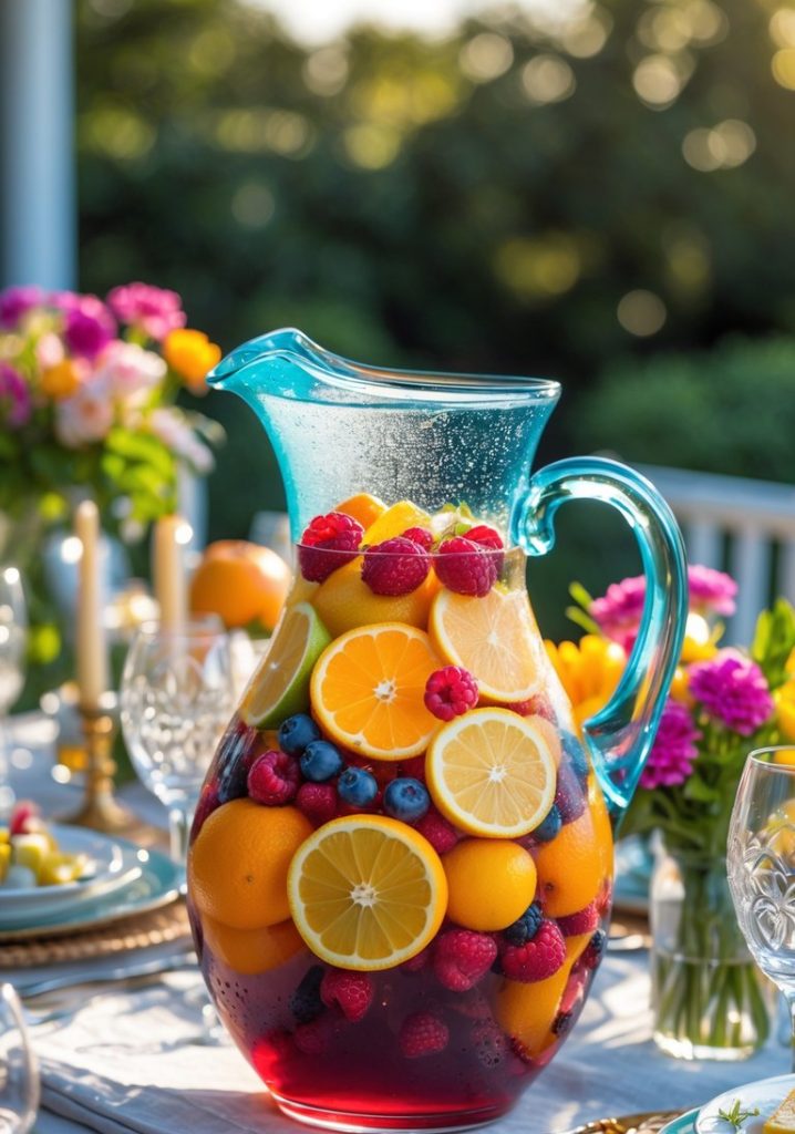 A glass pitcher filled with red sangria, sliced lemons, oranges, raspberries, and blueberries sits on an outdoor table set for a meal with flowers and candles.