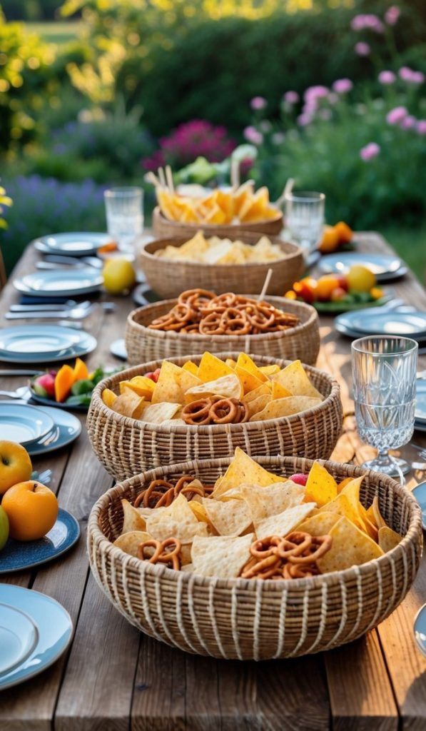 A wooden outdoor table set with bowls of chips and pretzels, plates, glasses, and fruit, surrounded by a garden in the late afternoon sunlight.