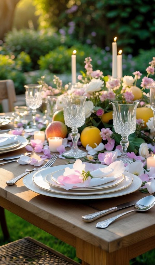 A wooden outdoor table set with plates, glasses, silverware, candles, and a floral centerpiece with fruit, surrounded by greenery at sunset.