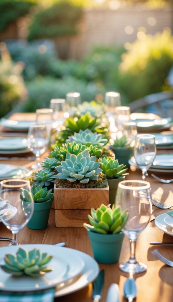 A wooden outdoor table set for a meal with plates, glasses, and cutlery, decorated with potted succulents as a centerpiece, in a garden setting.