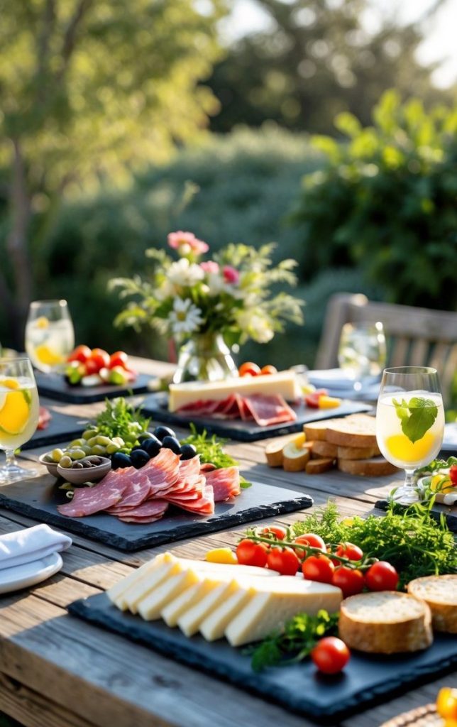 A wooden outdoor table set with platters of sliced cheese, cured meats, bread, olives, tomatoes, and glasses of lemonade, with a flower arrangement in the background.