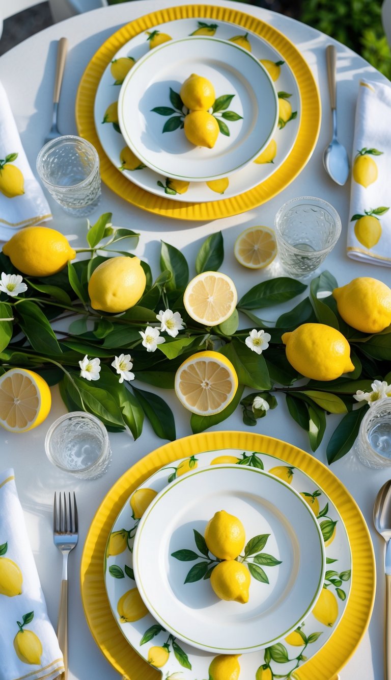 A table set with lemon-themed ceramic plates, fresh lemons, green leaves, and white flowers arranged in an inviting dining setup.
