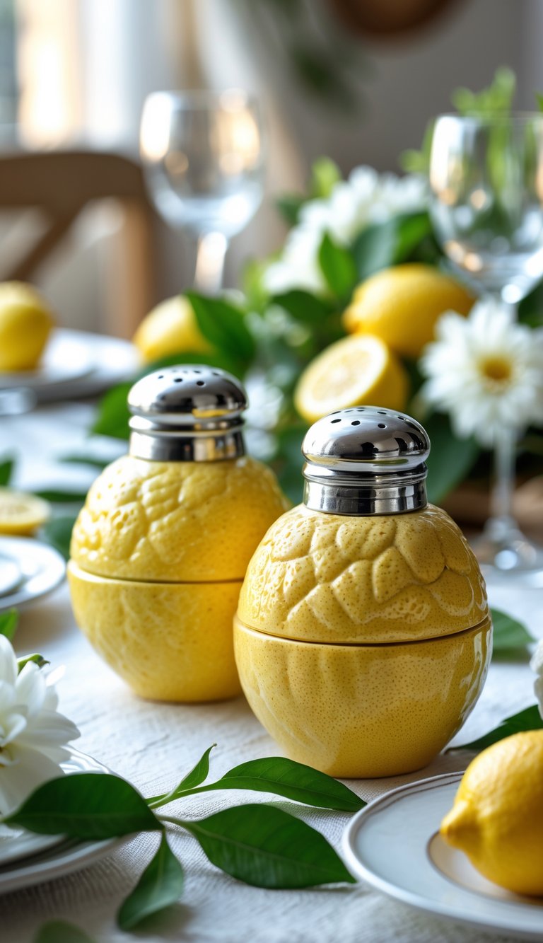 A pair of lemon-shaped salt and pepper shakers on a table decorated with fresh lemons, green leaves, and white flowers.