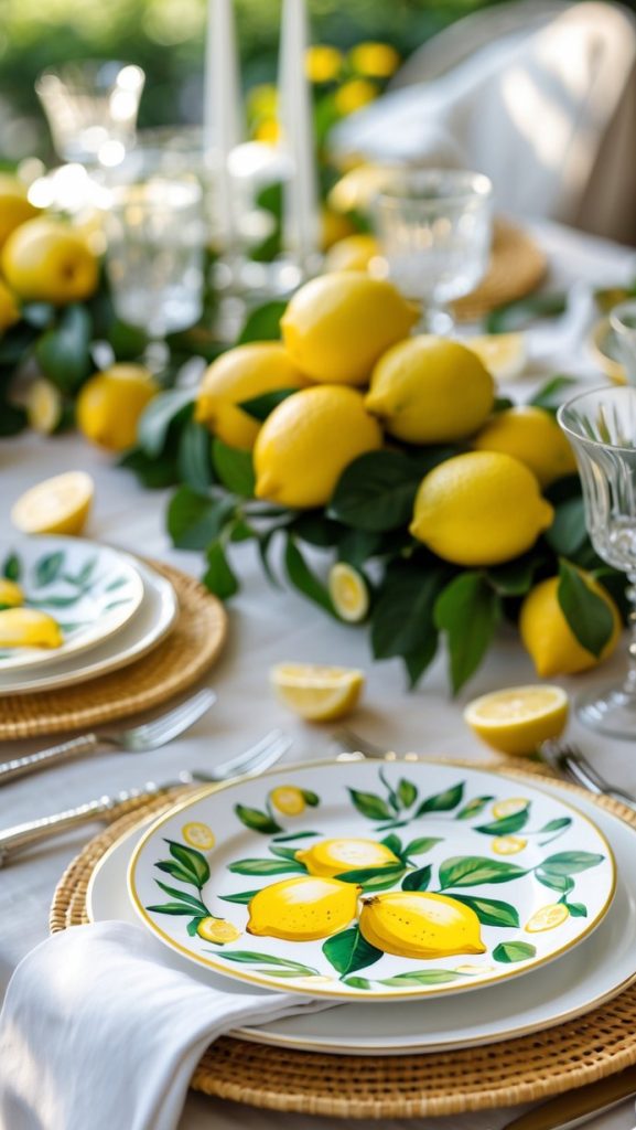 A table set with lemon-themed plates, surrounded by cutlery, glasses, woven placemats, napkins, and a centerpiece of fresh lemons and green leaves.