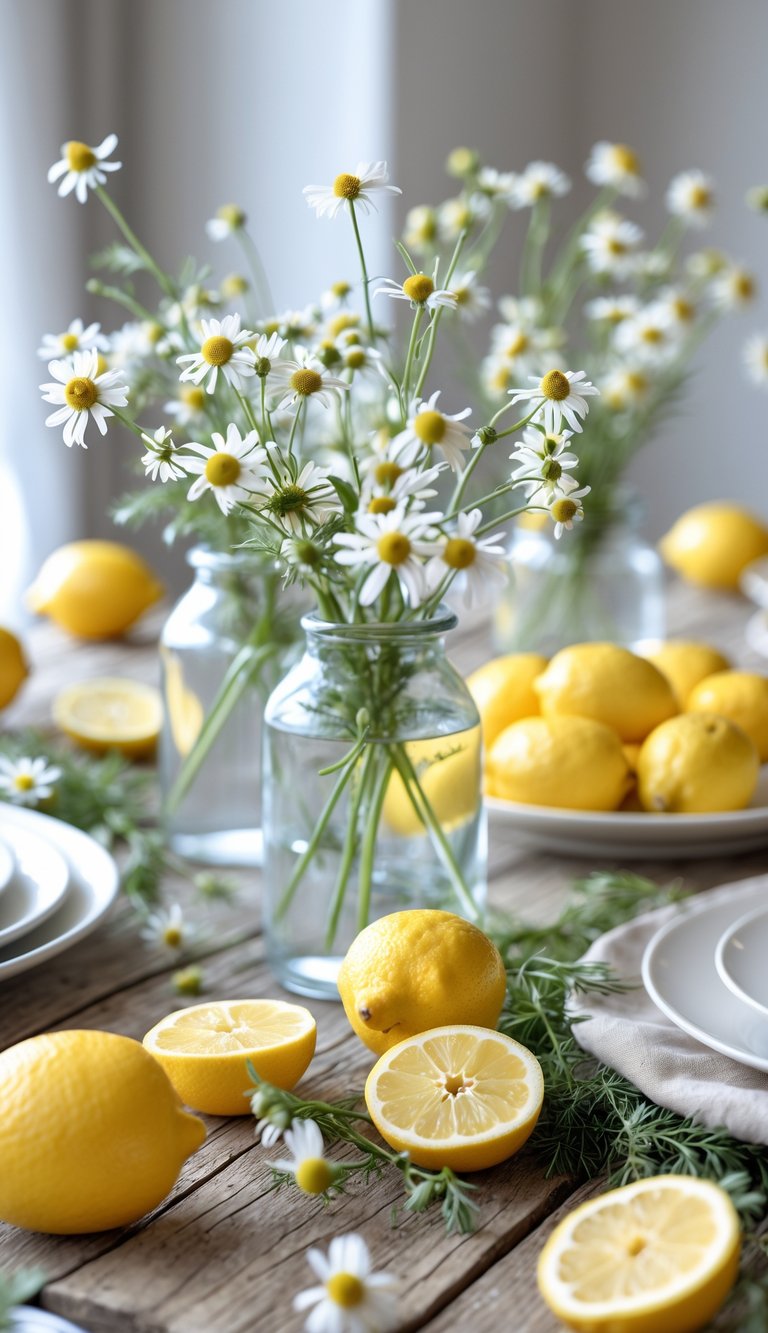 A table decorated with fresh lemons and chamomile flowers arranged in glass vases and scattered on a wooden surface.